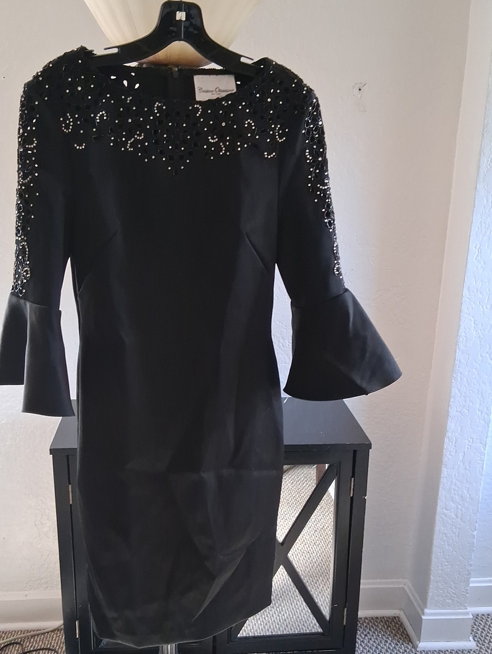 Black Beaded Bell-Sleeve Cocktail Dress